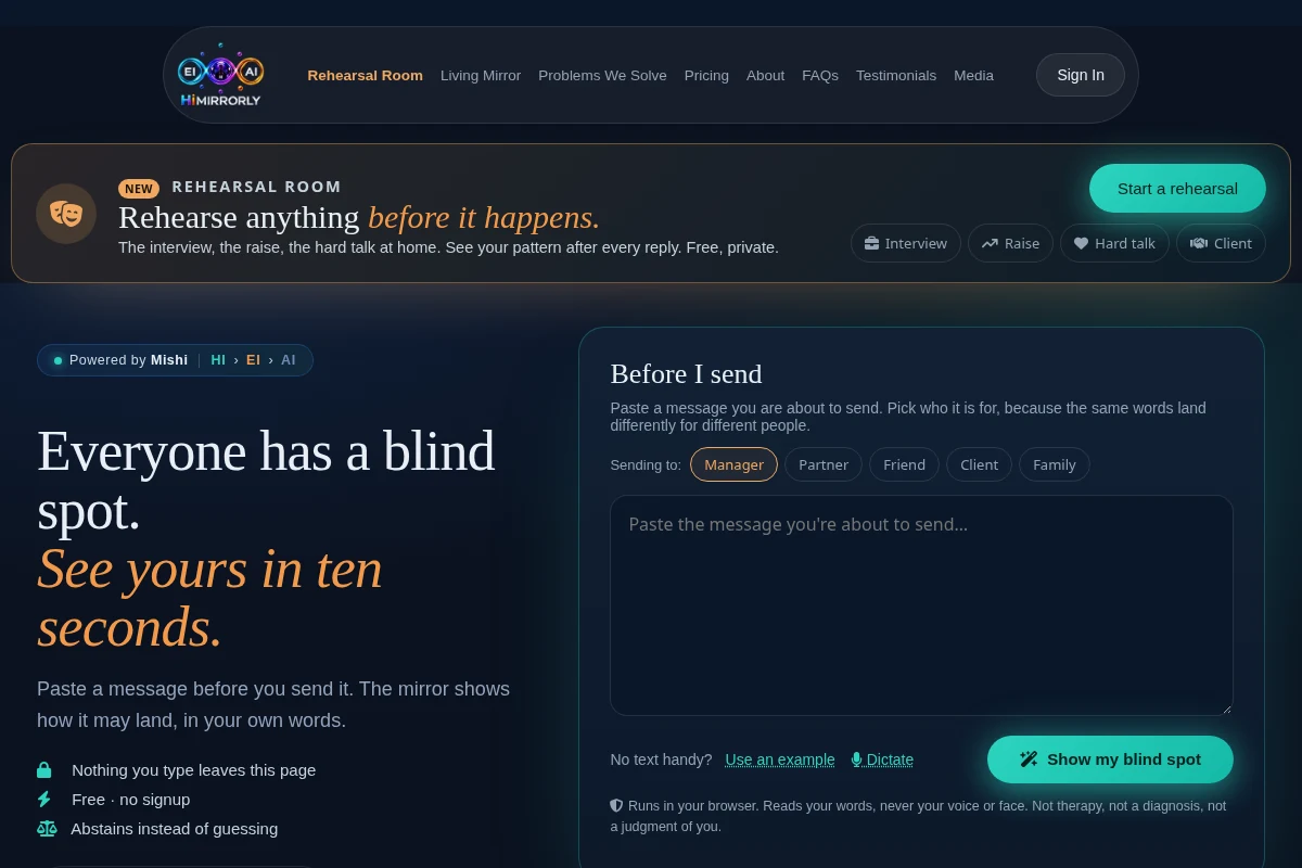 HiMirrorly English-language product homepage preview