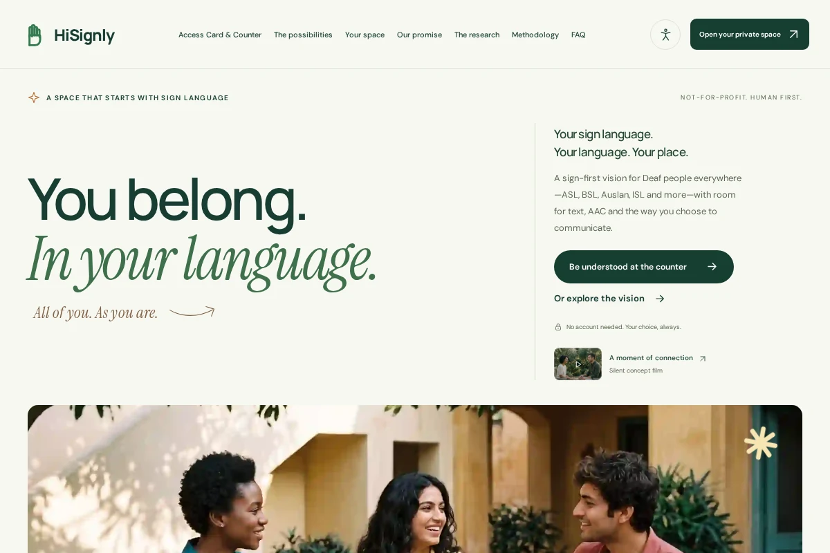 HiSignly live vision page — sign-language-first communication initiative